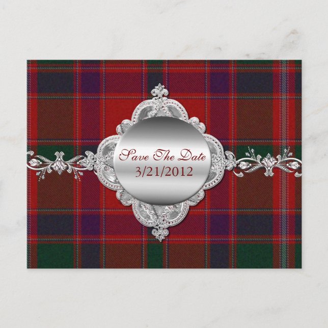 Elegant Red Plaid Save The Date Postcard (Front)