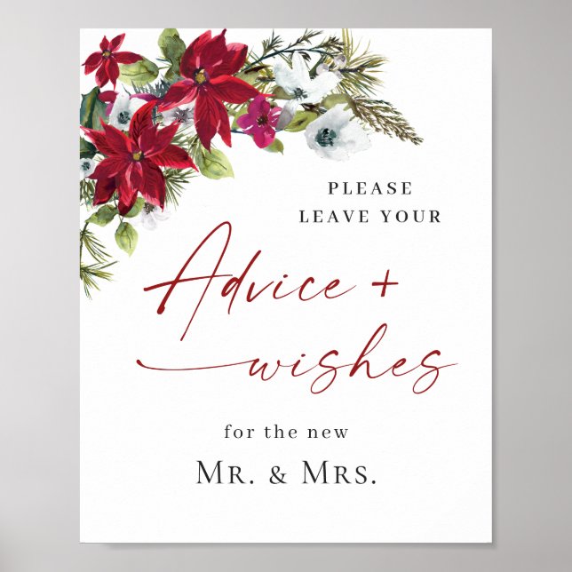 Elegant Red Poinsettia Advice & Wishes Wedding Poster (Front)