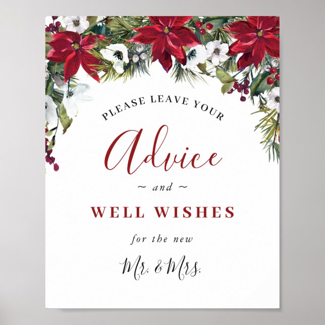 Elegant Red Poinsettia Advice & Wishes Wedding Poster (Front)
