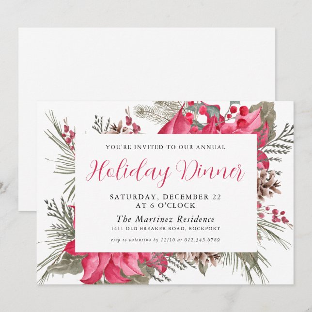 Elegant Red Poinsettia Botanical Christmas Eve Invitation (Front/Back)