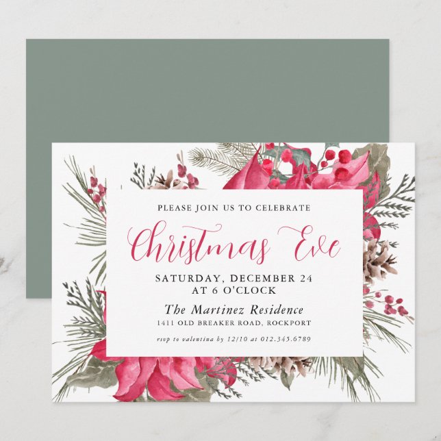 Elegant Red Poinsettia Botanical Christmas Eve Invitation (Front/Back)