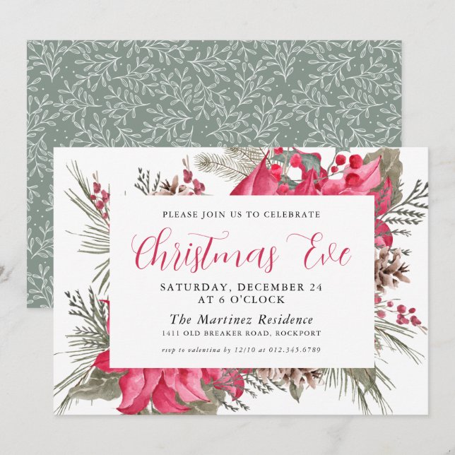Elegant Red Poinsettia Botanical Christmas Eve Invitation (Front/Back)