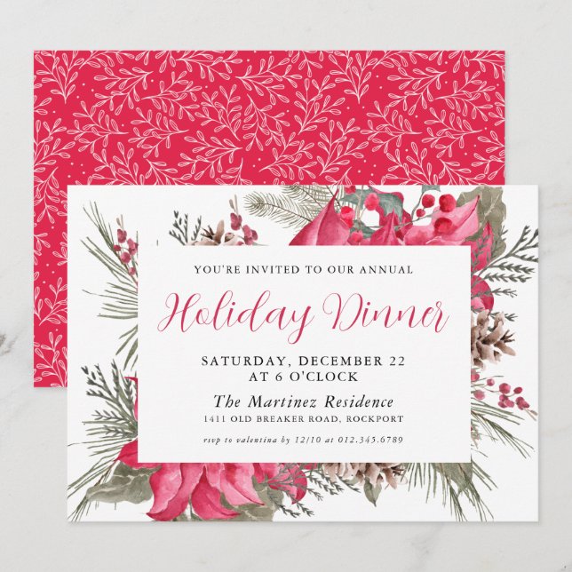 Elegant Red Poinsettia Botanical Christmas Eve Invitation (Front/Back)