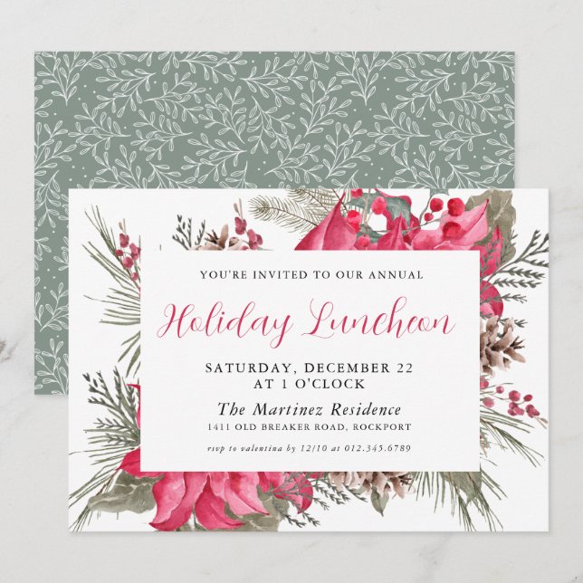 Elegant Red Poinsettia Botanical Holiday Luncheon Invitation (Front/Back)