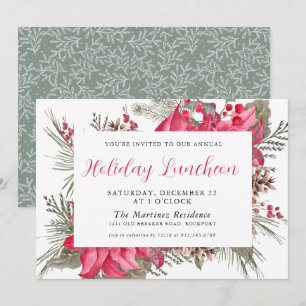 Elegant Red Poinsettia Botanical Holiday Luncheon Invitation