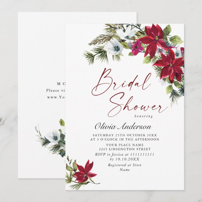 Elegant Red Poinsettia Christmas BRIDAL SHOWER Invitation (Front/Back)