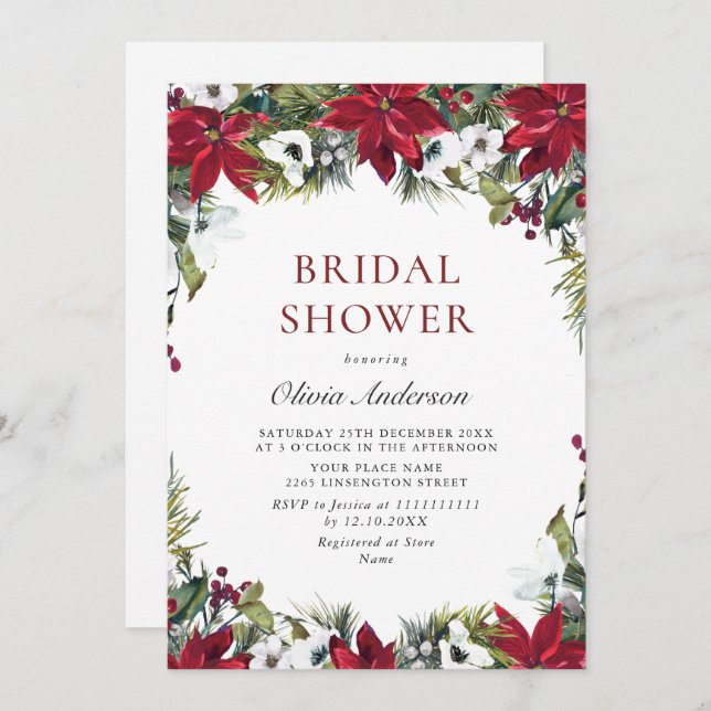 Elegant Red Poinsettia Christmas BRIDAL SHOWER Invitation (Front/Back)