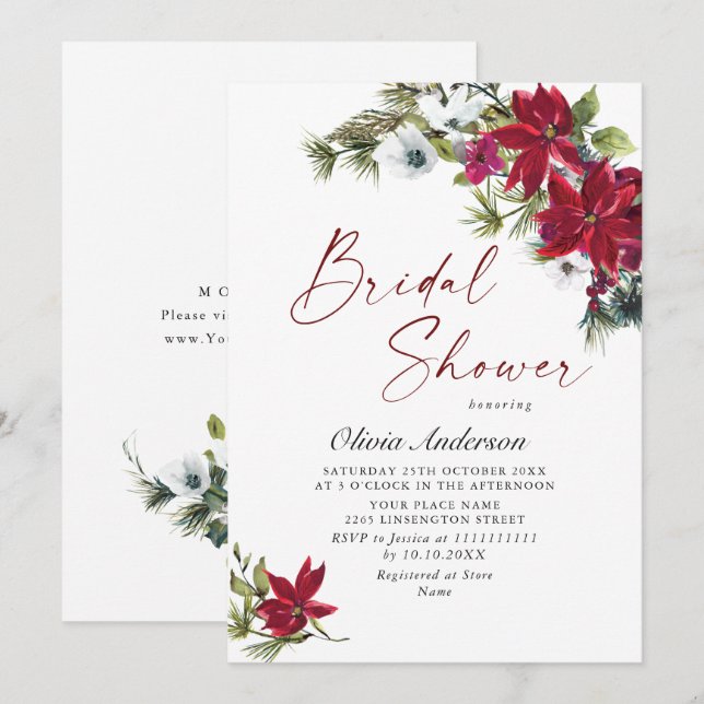 Elegant Red Poinsettia Christmas BRIDAL SHOWER Invitation (Front/Back)
