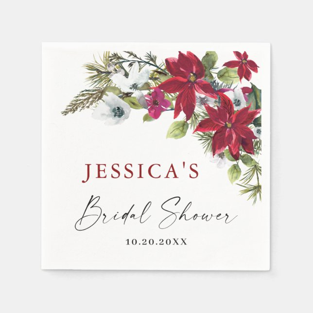Elegant Red Poinsettia Christmas Bridal Shower Napkin (Front)