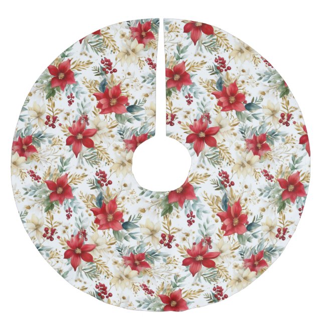 Elegant Red Poinsettia Christmas Brushed Polyester Tree Skirt (Front)