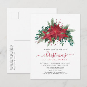 Elegant Red Poinsettia Christmas Cocktail Party Invitation Postcard
