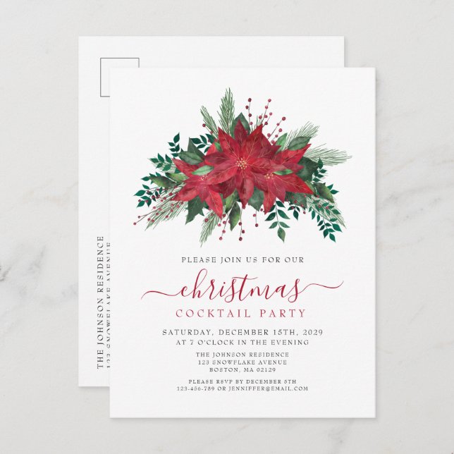 Elegant Red Poinsettia Christmas Cocktail Party Invitation Postcard (Front/Back)