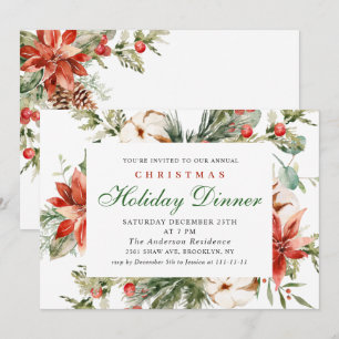 Elegant Red Poinsettia Christmas Holiday Dinner Invitation