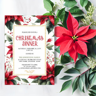 Elegant Red Poinsettia Christmas Holiday Dinner Invitation