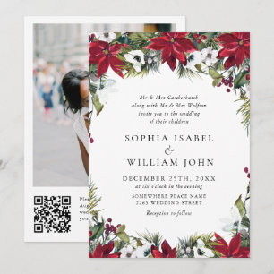 Elegant Red Poinsettia Christmas Photo Wedding Invitation