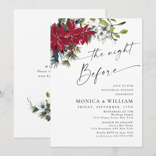 Elegant Red Poinsettia Christmas Rehearsal Dinner Invitation (Front/Back)