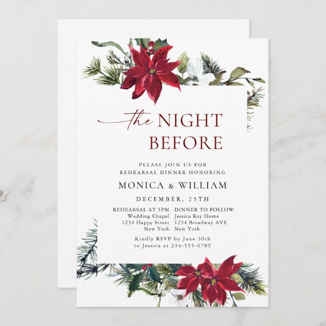 Elegant Red Poinsettia Christmas Rehearsal Dinner Invitation (Front/Back)
