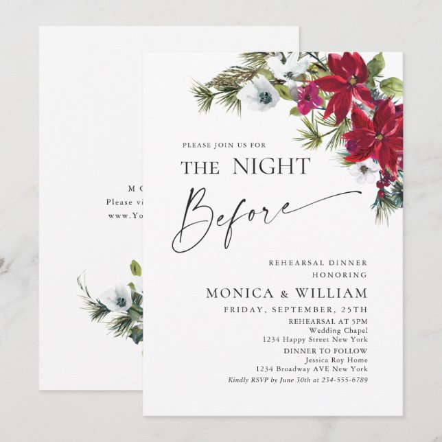 Elegant Red Poinsettia Christmas Rehearsal Dinner Invitation (Front/Back)