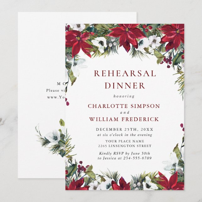 Elegant Red Poinsettia Christmas Rehearsal Dinner Invitation (Front/Back)