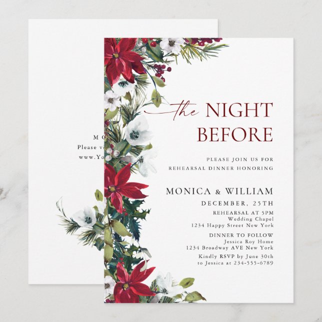 Elegant Red Poinsettia Christmas Rehearsal Dinner Invitation (Front/Back)