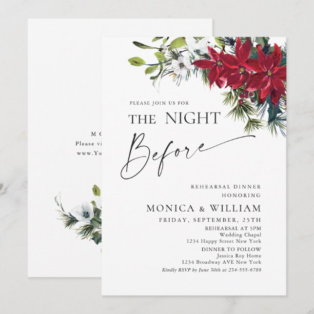 Elegant Red Poinsettia Christmas Rehearsal Dinner Invitation (Front/Back)