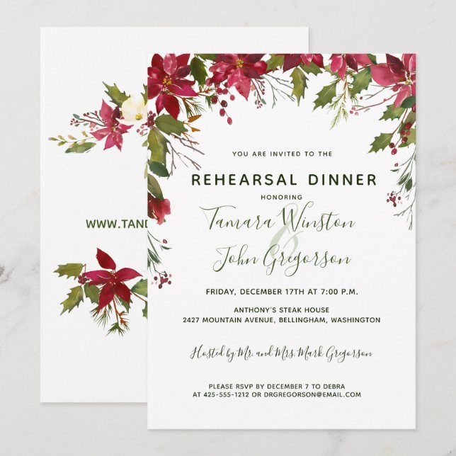 Elegant Red Poinsettia Christmas Reheasal Dinner Invitation (Front/Back)