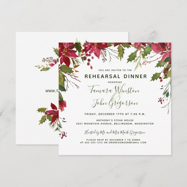Elegant Red Poinsettia Christmas Reheasal Dinner Invitation (Front/Back)