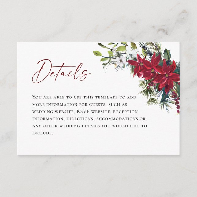 Elegant Red Poinsettia Christmas Wedding Details Enclosure Card (Front)