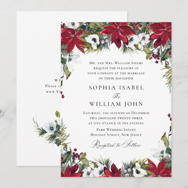 Elegant Red Poinsettia Christmas Wedding Invitation (Front/Back)