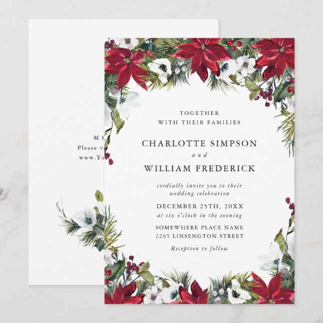 Elegant Red Poinsettia Christmas Wedding Invitation (Front/Back)