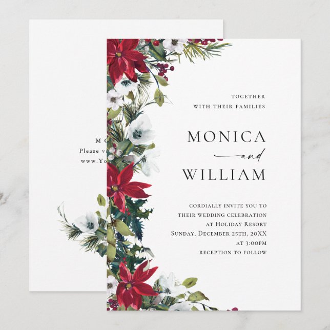 Elegant Red Poinsettia Christmas Wedding Invitation (Front/Back)