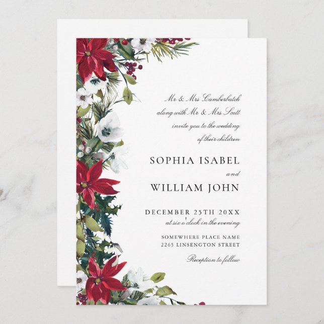 Elegant Red Poinsettia Christmas Wedding Invitation (Front/Back)