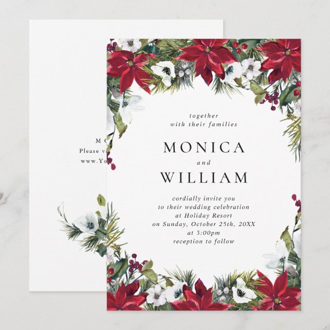 Elegant Red Poinsettia Christmas Wedding Invitation (Front/Back)