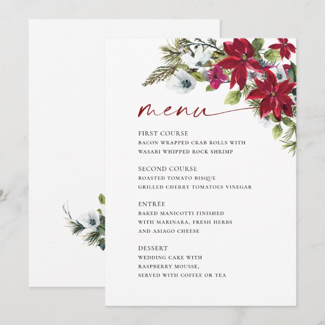 Elegant Red Poinsettia Christmas Wedding Menu (Front/Back)