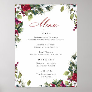 Elegant Red Poinsettia Christmas Wedding Menu Poster