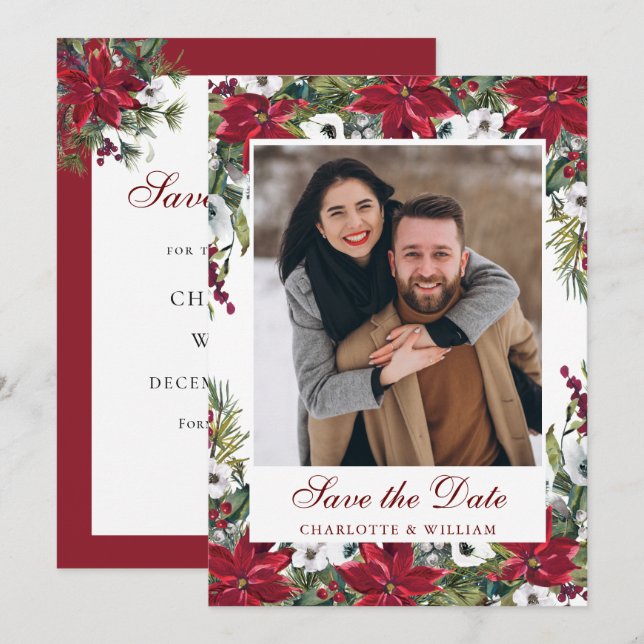 Elegant Red Poinsettia Christmas Wedding Photo Save The Date (Front/Back)