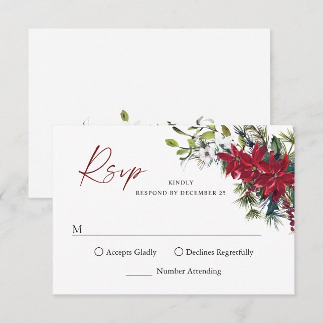 Elegant Red Poinsettia Christmas Wedding RSVP Card (Front/Back)