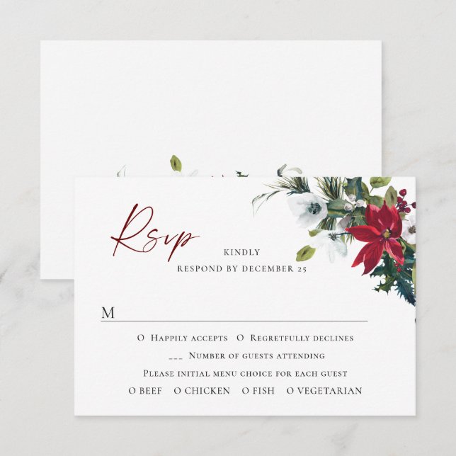 Elegant Red Poinsettia Christmas Wedding RSVP Card (Front/Back)