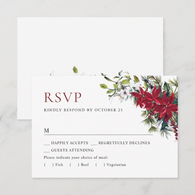 Elegant Red Poinsettia Christmas Wedding RSVP Card (Front/Back)