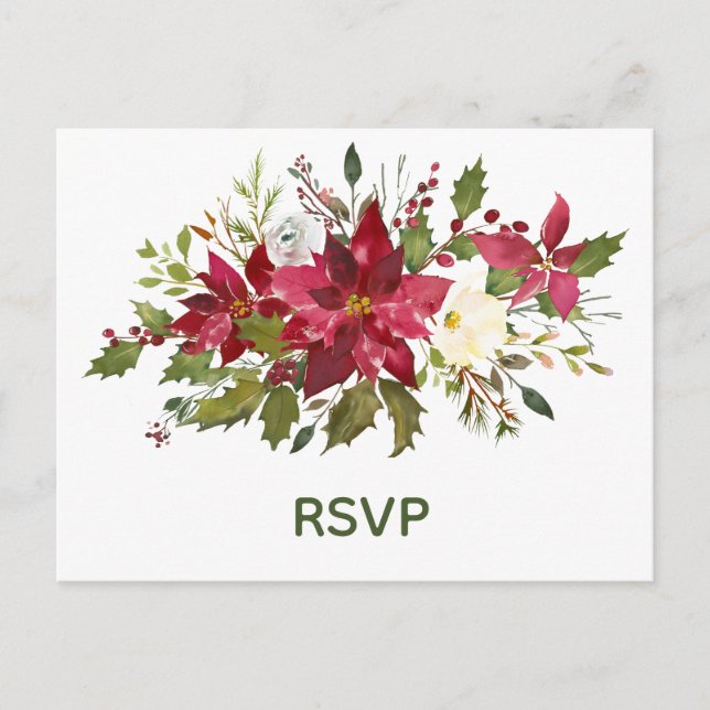 Elegant Red Poinsettia Christmas Wedding RSVP Invitation Postcard (Front)