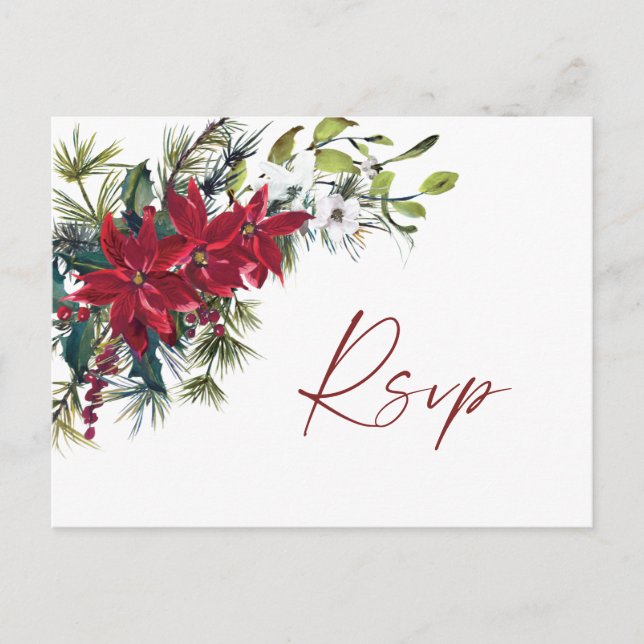 Elegant Red Poinsettia Christmas Wedding RSVP Postcard (Front)