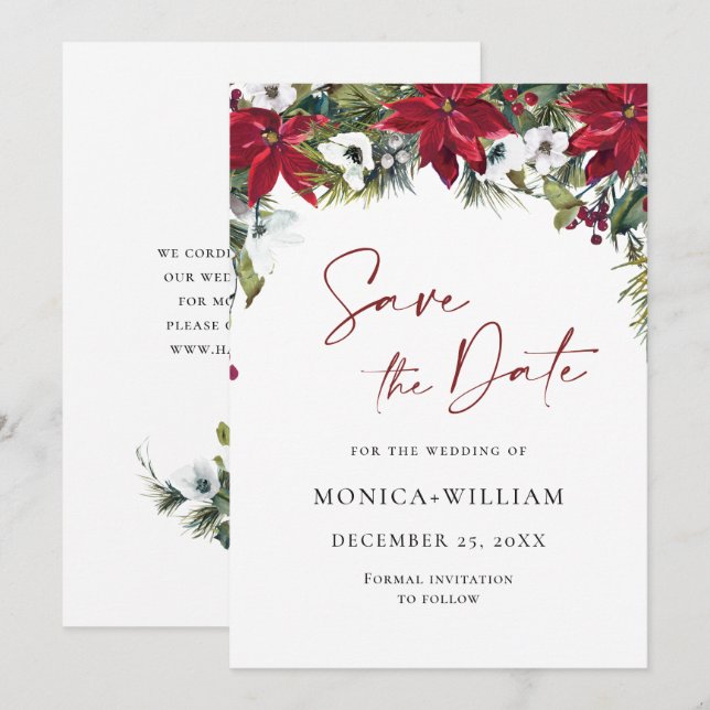 Elegant Red Poinsettia Christmas Wedding Save The Date (Front/Back)