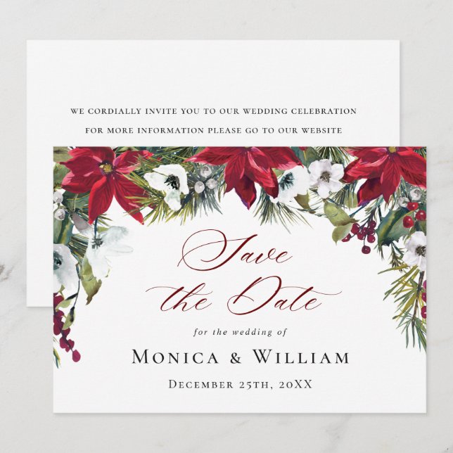 Elegant Red Poinsettia Christmas Wedding Save The Date (Front/Back)
