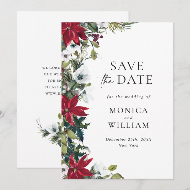 Elegant Red Poinsettia Christmas Wedding Save The Date (Front/Back)