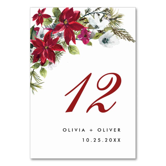 Elegant Red Poinsettia Christmas Wedding Table Number (Front)