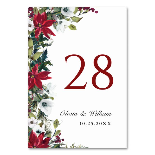Elegant Red Poinsettia Christmas Wedding Table Number (Front)