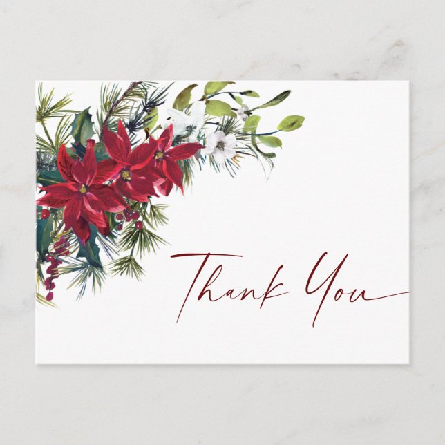 Elegant Red Poinsettia Christmas Wedding Thank You Postcard (Front)