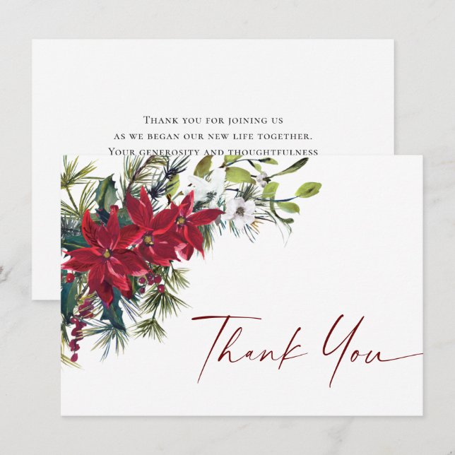 Elegant Red Poinsettia Christmas Wedding Winter Thank You Card (Front/Back)