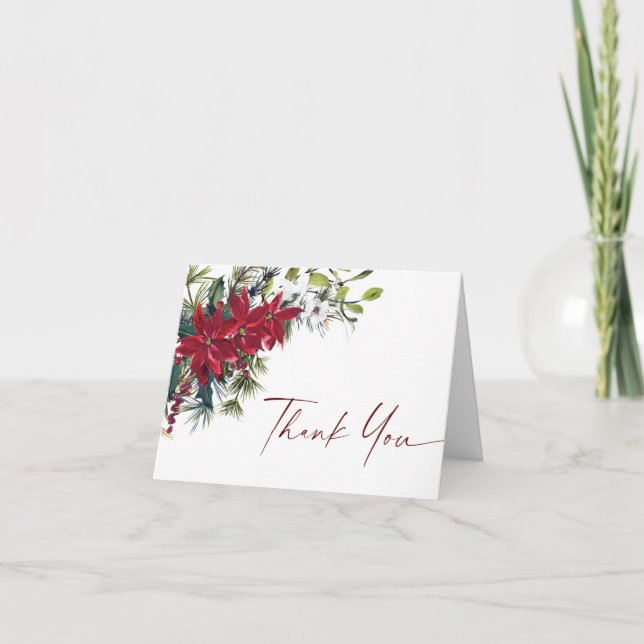 Elegant Red Poinsettia Christmas Wedding Winter Thank You Card (Front)