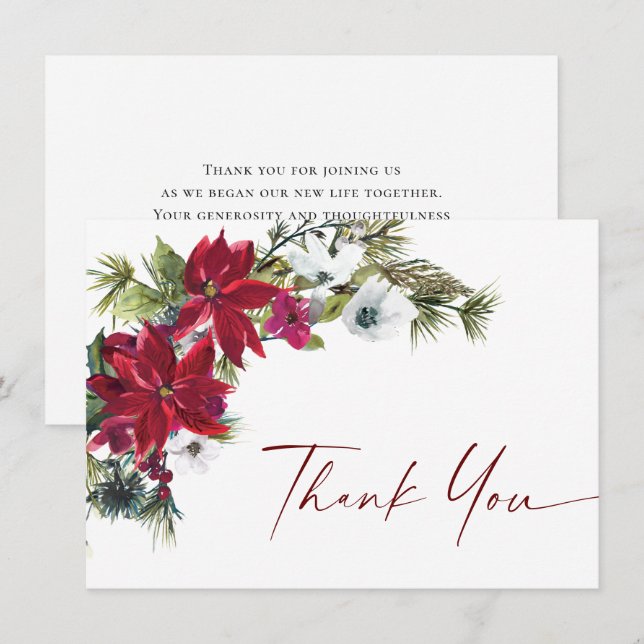 Elegant Red Poinsettia Christmas Wedding Winter Thank You Card (Front/Back)